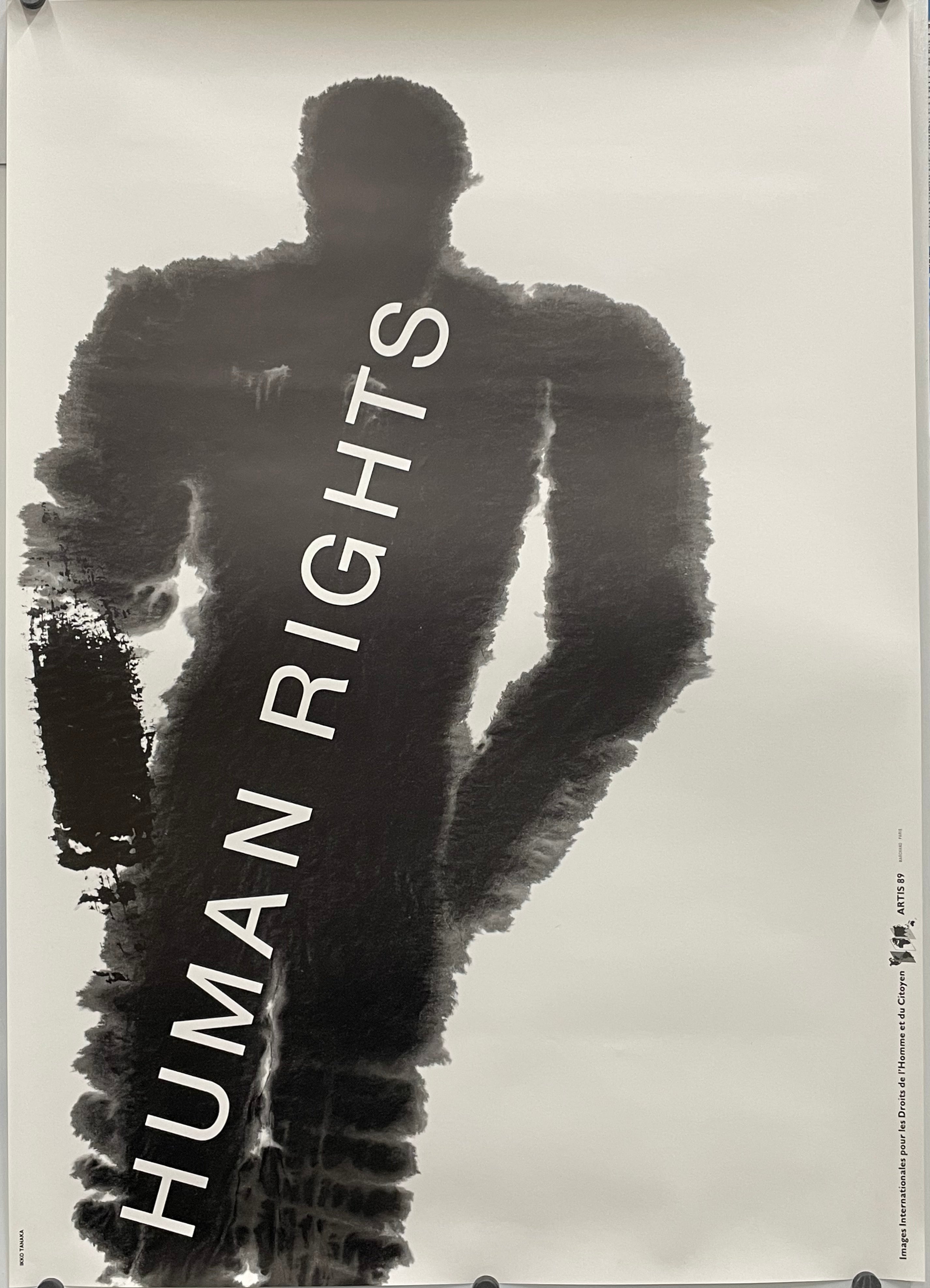 vintage French special poster, Declaration of Human Rights, 1989. Image of a tilted ink blot silhouette against an off-white background, with the text Human Rights printed on the figure.