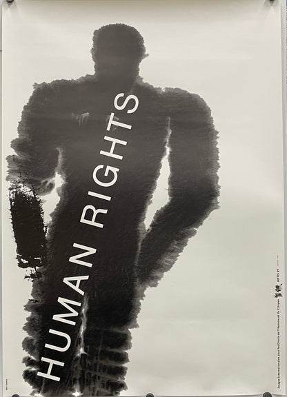 vintage French special poster, Declaration of Human Rights, 1989. Image of a tilted ink blot silhouette against an off-white background, with the text Human Rights printed on the figure.