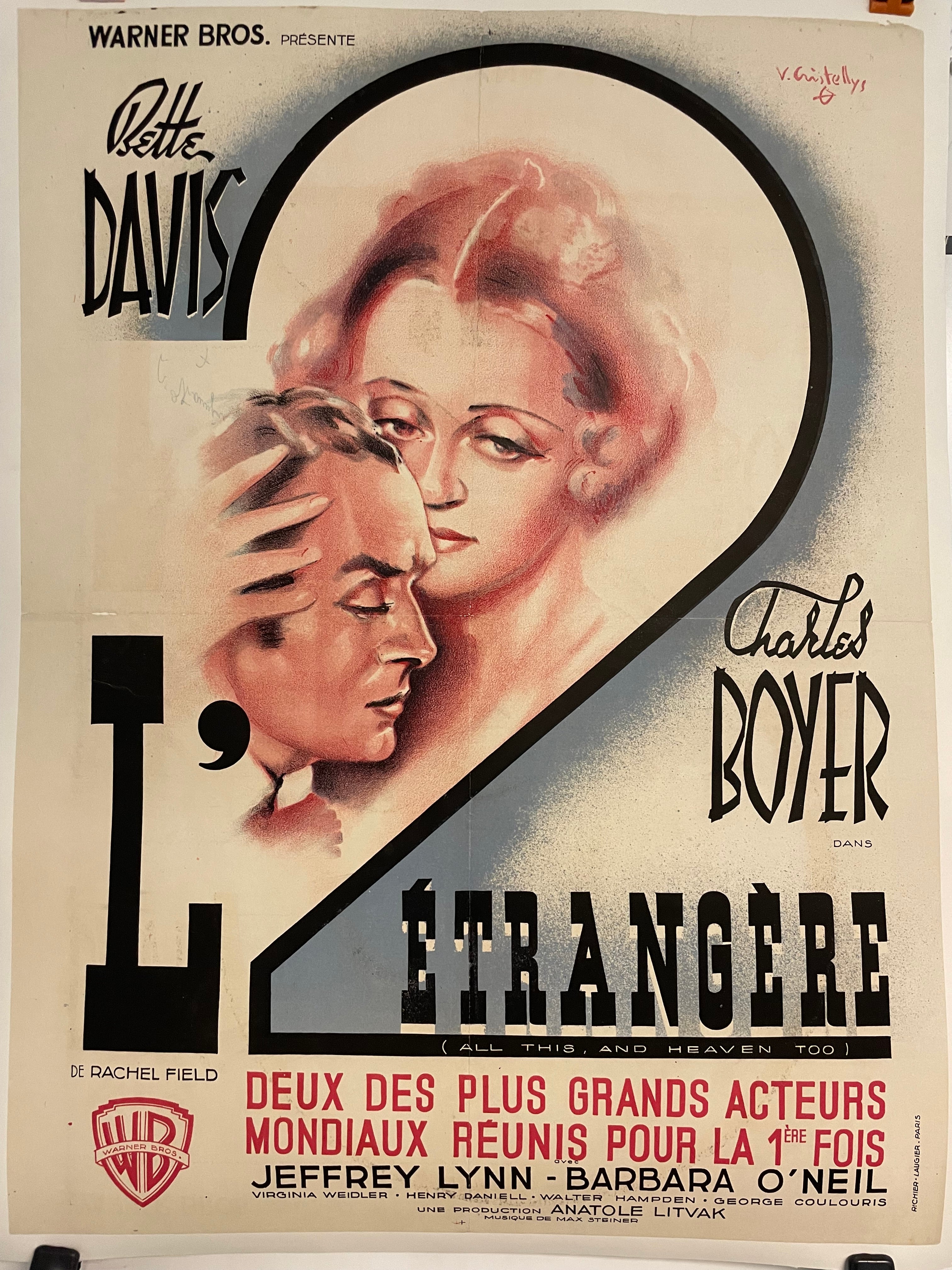 L'Etranger (All This, and Heaven Too), antique French film poster release, 1945 - HAPPIEST KID FINDS - Museum-quality antique and vintage posters, original art, preservation and restoration