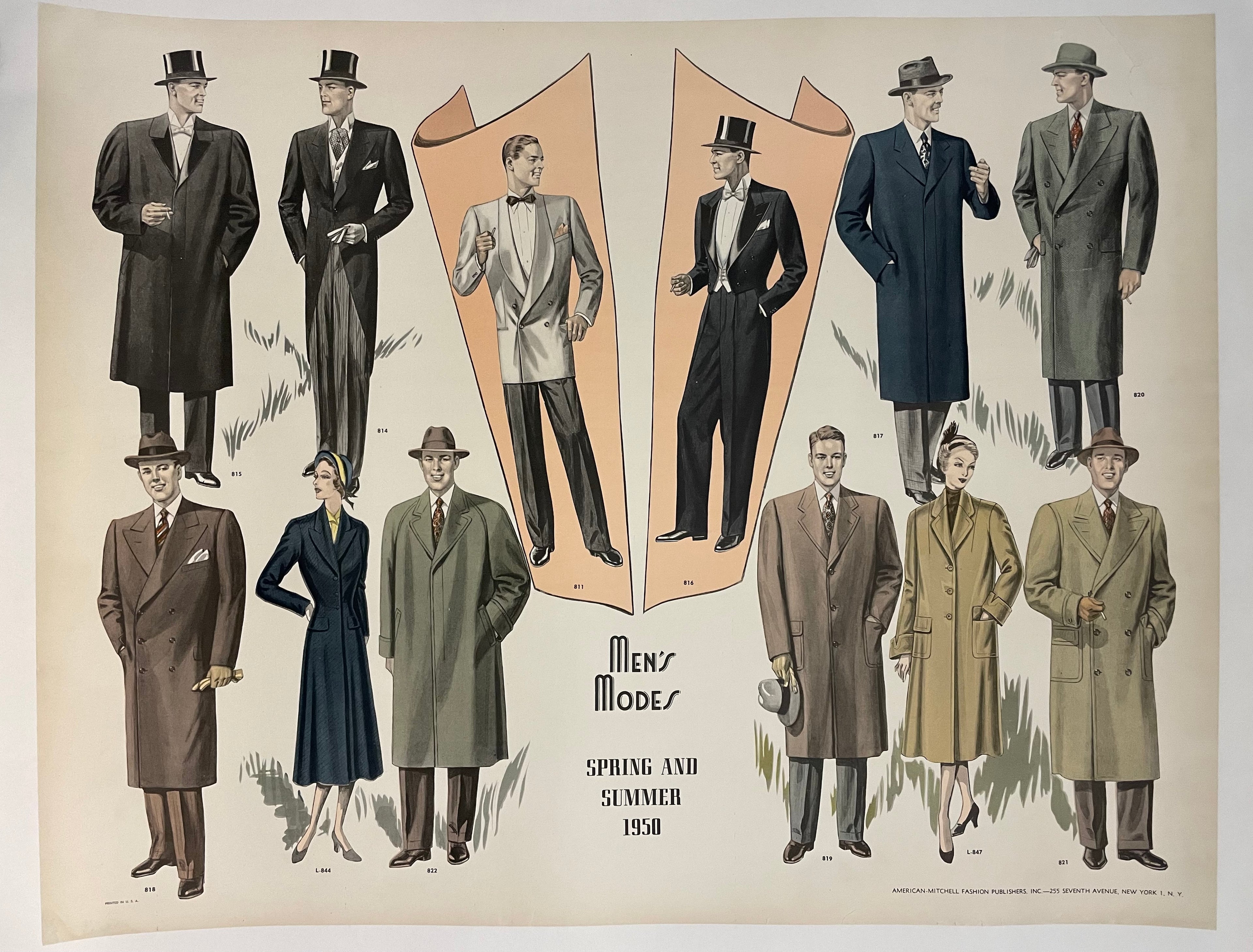 Men's Modes, Spring and Summer 1950 , vintage fashion poster - HAPPIEST KID FINDS - Museum-quality antique and vintage posters, original art, preservation and restoration