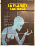 Vintage French film poster for 'La Planet Sauvage' featuring a large blue-skinned alien character enslaving a smaller, human-like character. The poster includes credits and information in French.