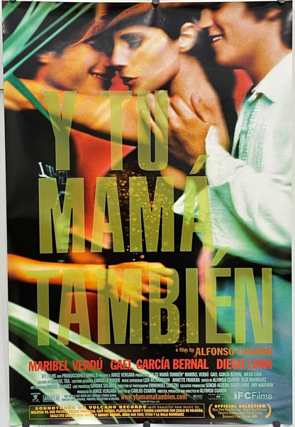 Y Tu, Mama Tambien, rolled original 1-sht film poster, 2002. Movie poster with a couple embracing and text in a foreign language.
