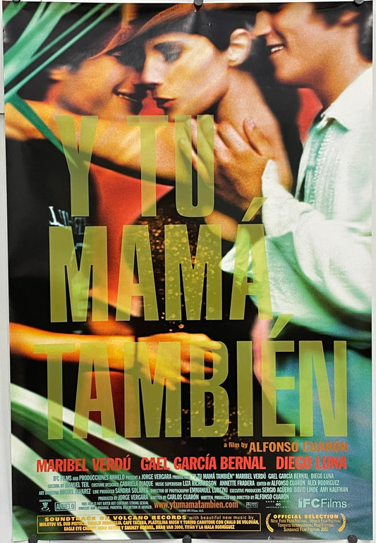 Y Tu, Mama Tambien, rolled original 1-sht film poster, 2002. Movie poster with a couple embracing and text in a foreign language.