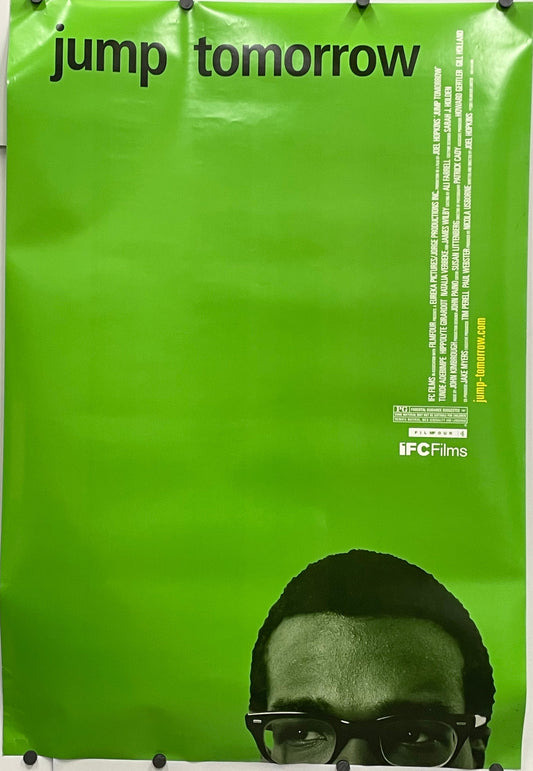 Very cool film poster design, Jump Tomorrow, original rolled US one sheet with a green background, 2001. Image showing the top half of a man's face with glasses and 'jump tomorrow' text against a green background.