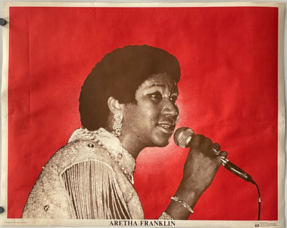 vintage Aretha Franklin, Realities Unlimited, celebrity soul music poster, 1971. Horizontal format, image of the singer against a red background.