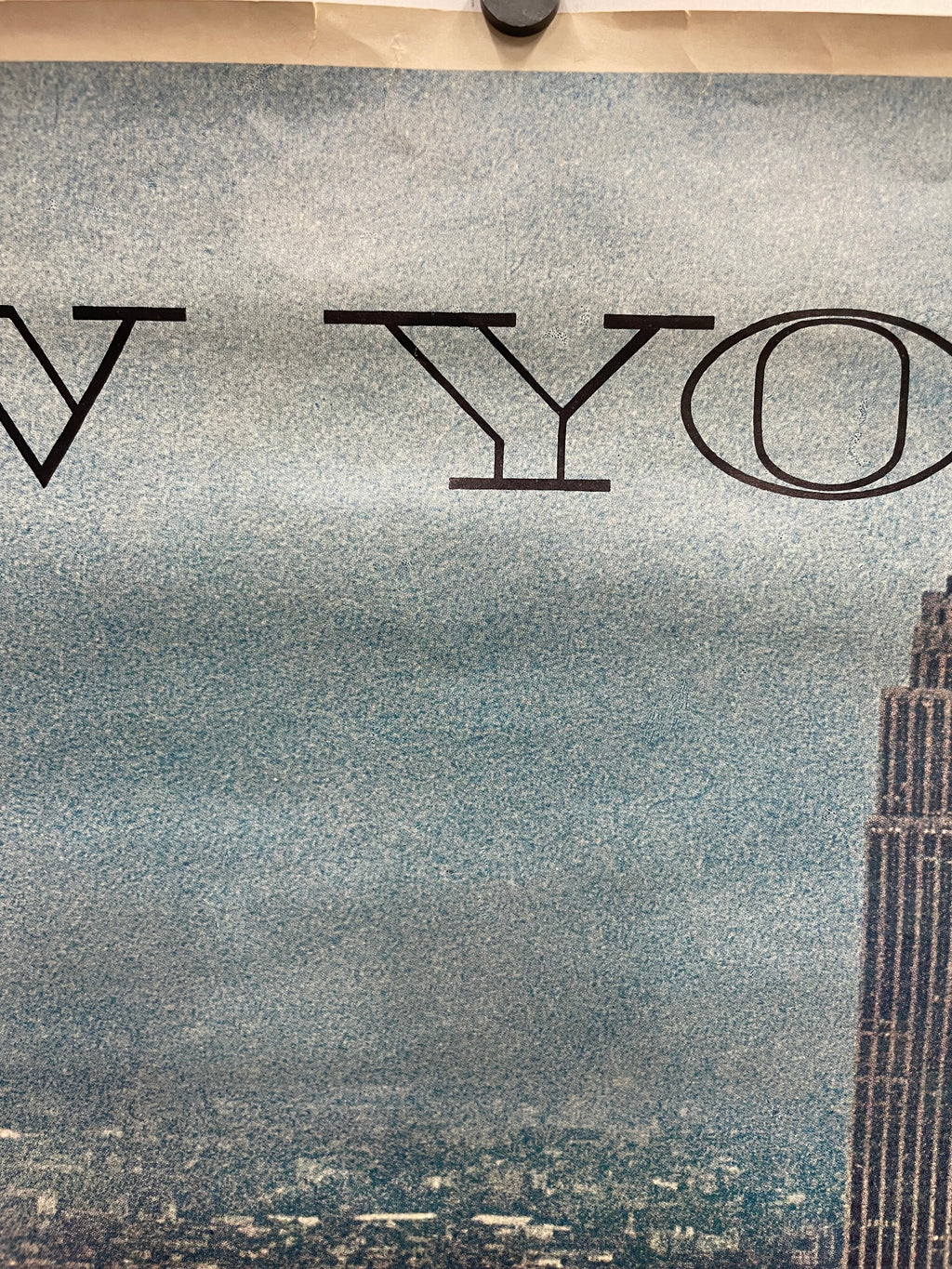 New York - rare and vintage aerial view of Midtown Manhattan skyline from the East River looking to the West showing the Empire State and United Nations Buildings, commercial travel poster of the NYC skyline, c.1979 - rolled - HAPPIEST KID FINDS - Museum-quality antique and vintage posters, original art, preservation and restoration
