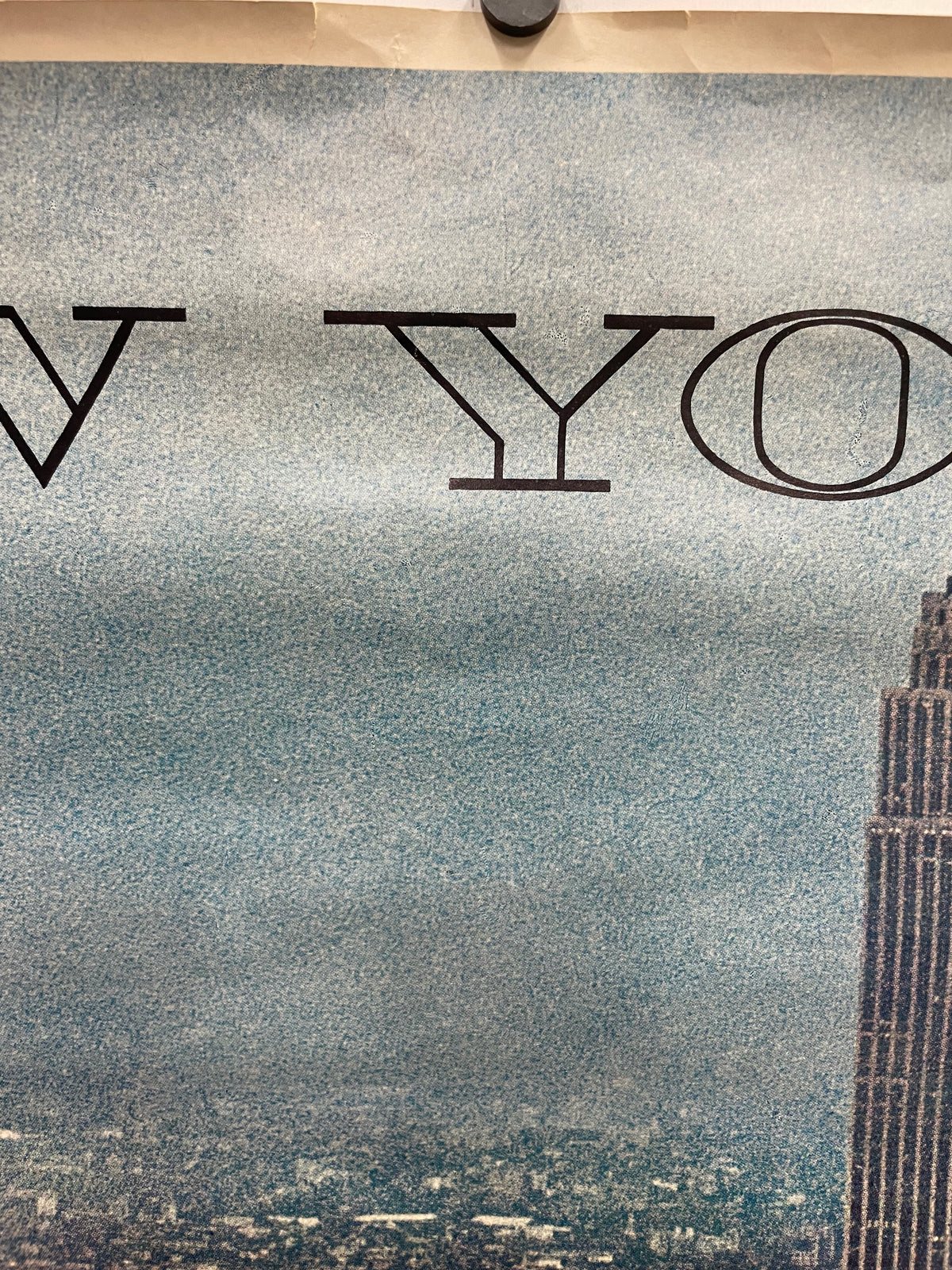 New York - rare and vintage aerial view of Midtown Manhattan skyline from the East River looking to the West showing the Empire State and United Nations Buildings, commercial travel poster of the NYC skyline, c.1979 - rolled - HAPPIEST KID FINDS - Museum-quality antique and vintage posters, original art, preservation and restoration