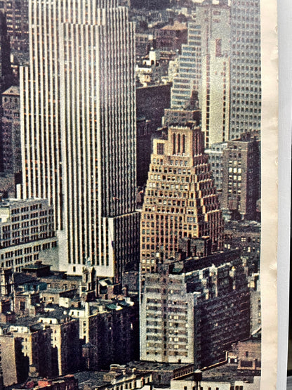 New York - rare and vintage aerial view of Midtown Manhattan skyline from the East River looking to the West showing the Empire State and United Nations Buildings, commercial travel poster of the NYC skyline, c.1979 - rolled - HAPPIEST KID FINDS - Museum-quality antique and vintage posters, original art, preservation and restoration
