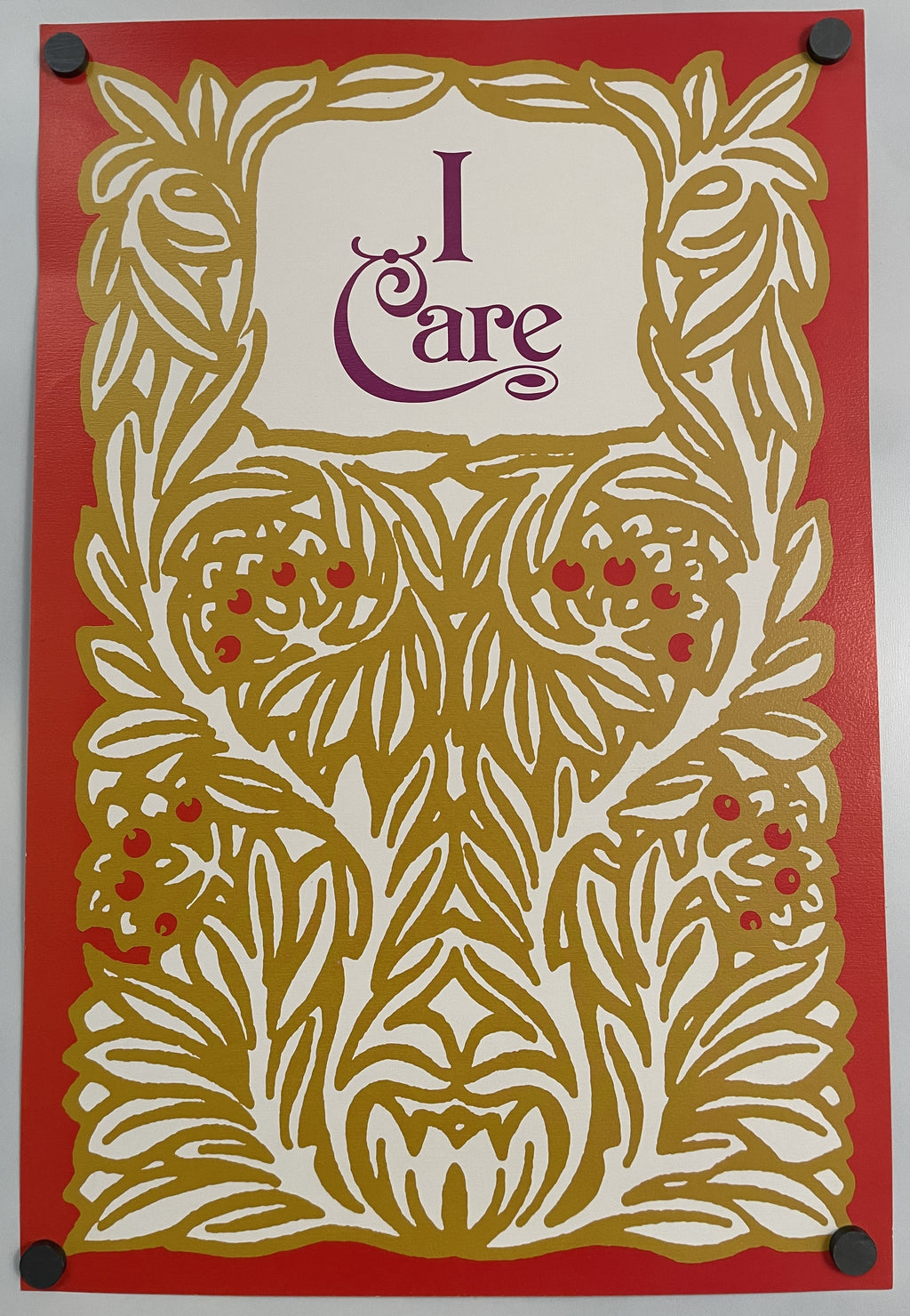 A vintage motivational poster featuring a floral design and the phrase 'I CARE' in the center, on a red background with a white border.