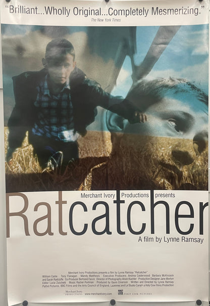 Ratcatcher, original film poster, one-sided US one-sheet rolled. Photo montage of two images spliced together - one of a boy running through a field and the other image is a close-up portrait.