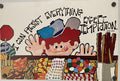 Vintage motivational poster featuring a cartoon character with red hair and a hat, surrounded by various colorful illustrations including balloons, candy, and fruits, with the text 'EVERYTHING IS POSSIBLE EXCEPT TEMPTATION'.