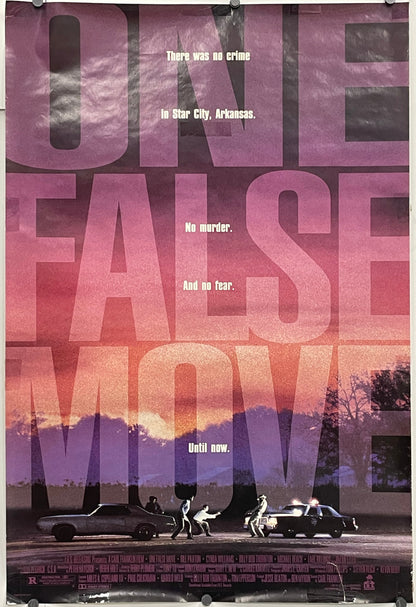 used vintage, One False Move, rolled original one-sheet film poster, 1992 showing the title in large block letters that are super-imposed over the scene of an altercation and shooting.