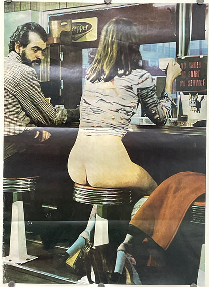 No Shoes No Shirt No Service - Dr Pepper, vintage late 70s headshop fashion poster. Woman sitting at the counter at a diner wearing only a shirt and thick high-heeled shoes to get service - she fulfills the sign's minimal requirements for service.