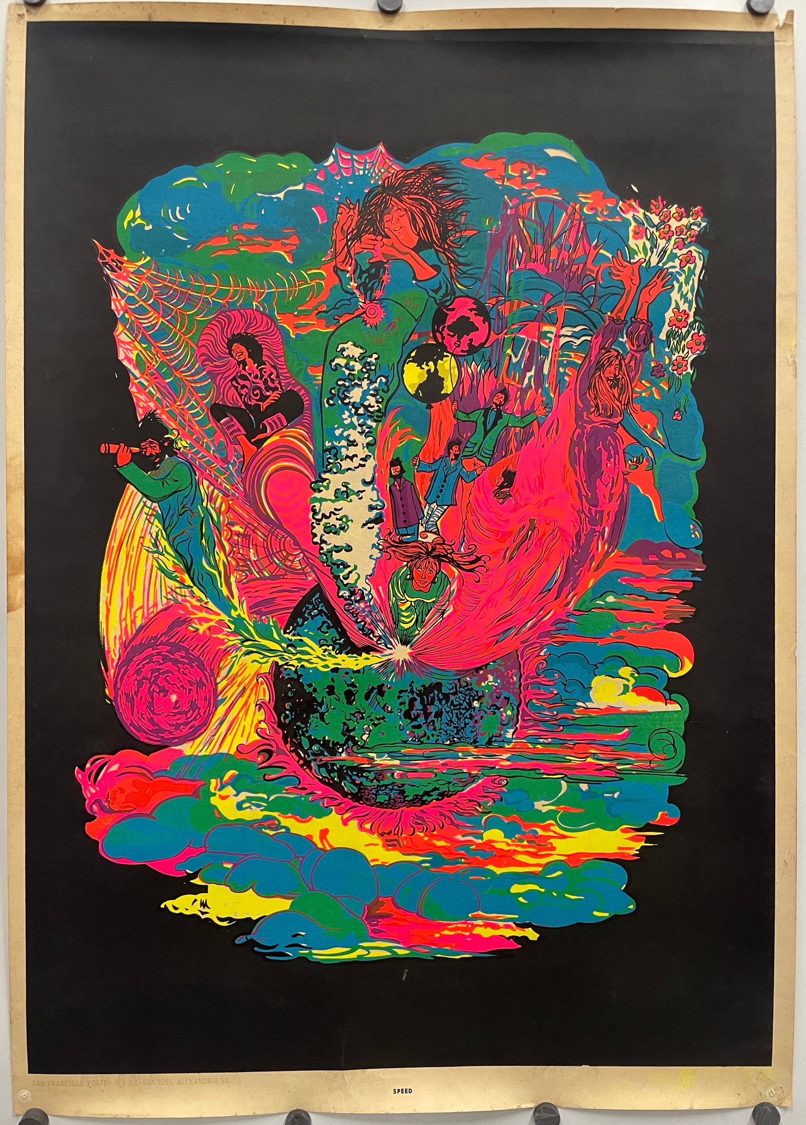 vintage headshop blacklight poster, Speed, beautifully colored silk screen, 1968. Colorful abstract artwork on a black background