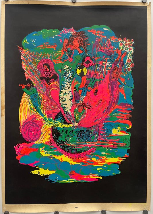 vintage headshop blacklight poster, Speed, beautifully colored silk screen, 1968. Colorful abstract artwork on a black background