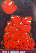 Vintage motivational poster featuring a group of hippos with the text 'MORE IS NOT ALWAYS BETTER'