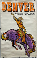 Vintage travel poster, Denver - United Air Lines, 1968. The destination is printed in bright orange typography, and a stylized horse and bronco cowboy  rider on a plain background.