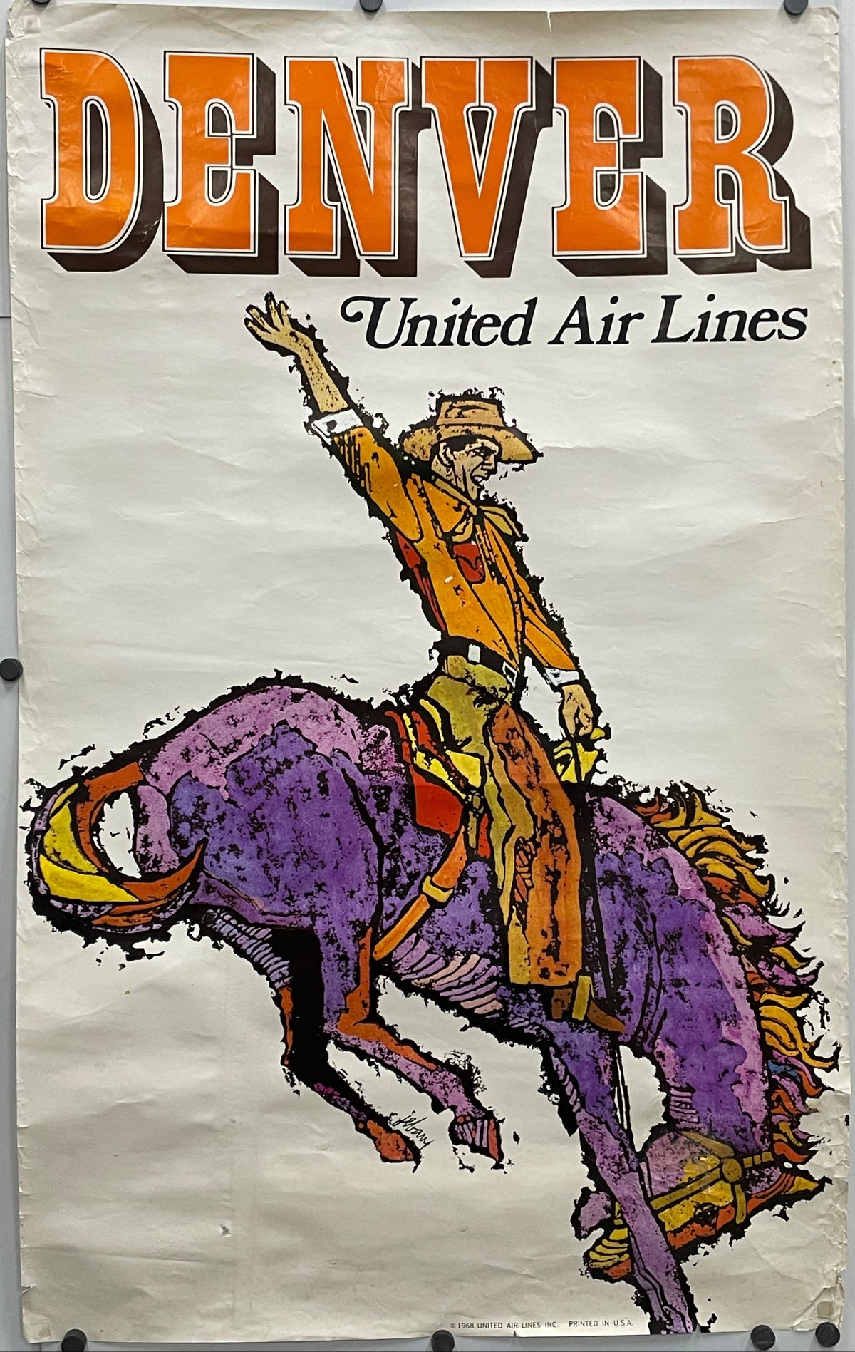 Vintage travel poster, Denver - United Air Lines, 1968. The destination is printed in bright orange typography, and a stylized horse and bronco cowboy  rider on a plain background.