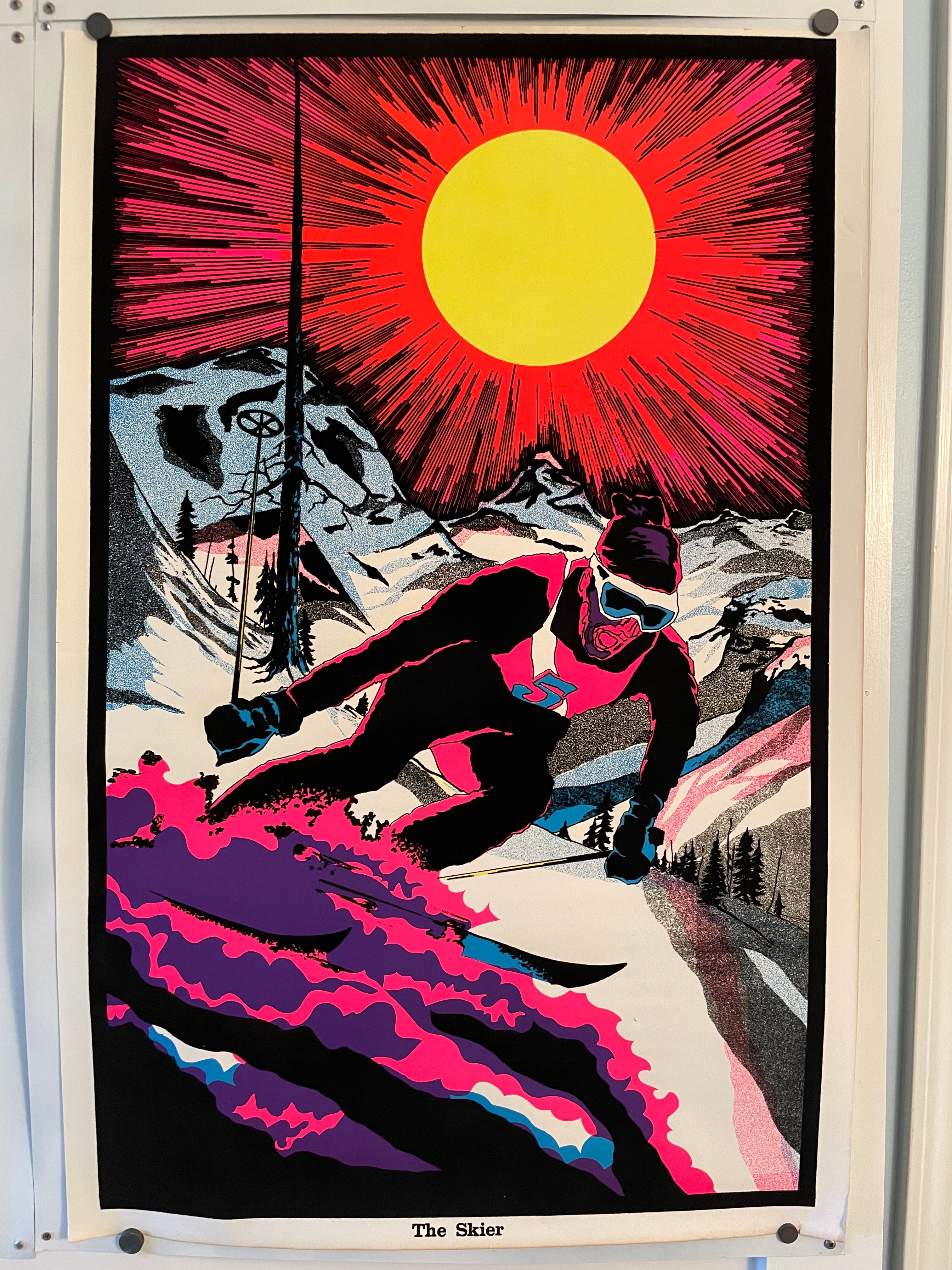 The Skier Psychedelic Flocked Blacklight Vintage Poster c. 1970 Happiest Kid Finds