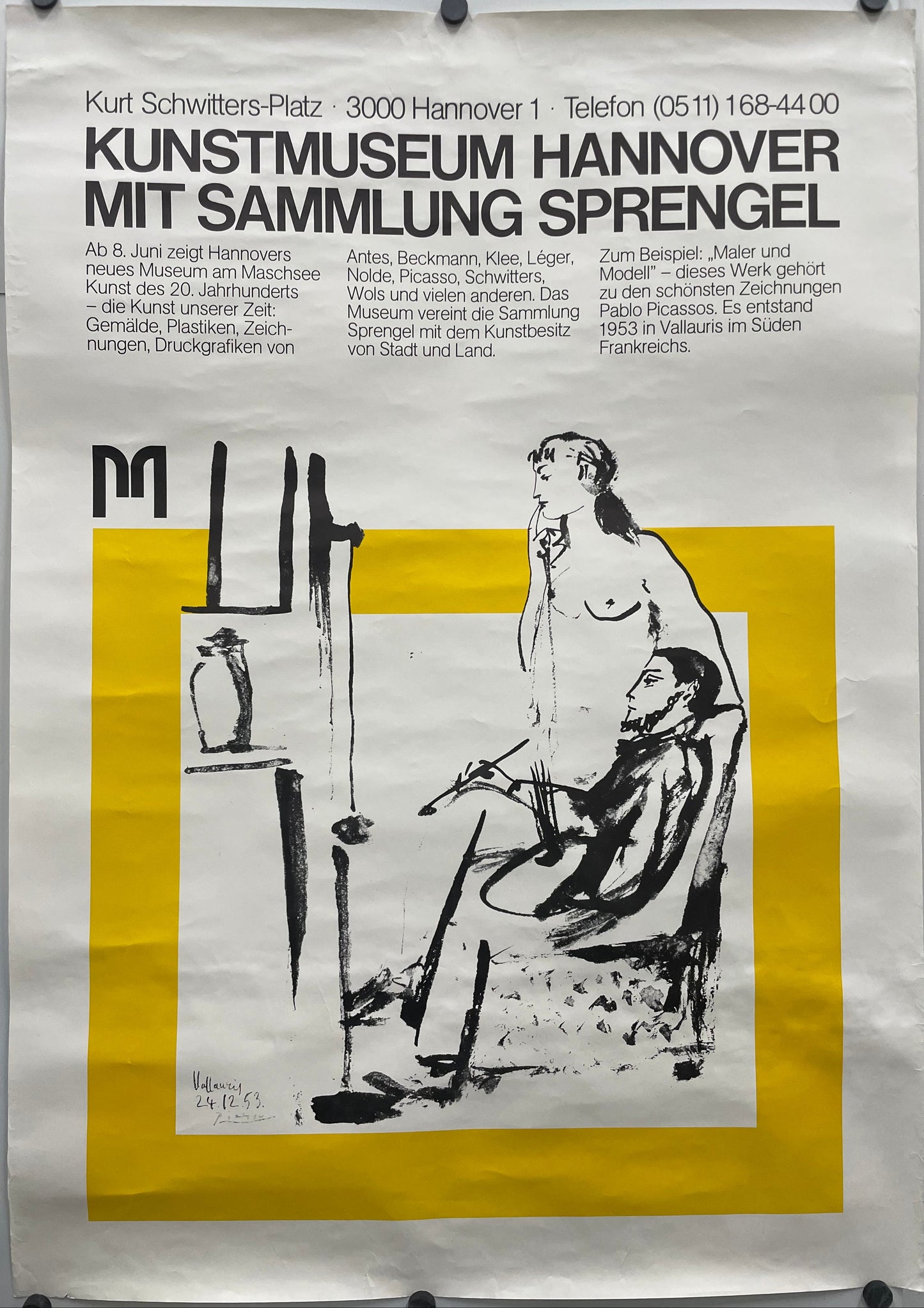 Kunstmuseum Hannover Mit Sammlung Sprengel - Pablo Picasso
rare and vintage exhibition poster. Black and white illustration and text on a yellow sqaure.
