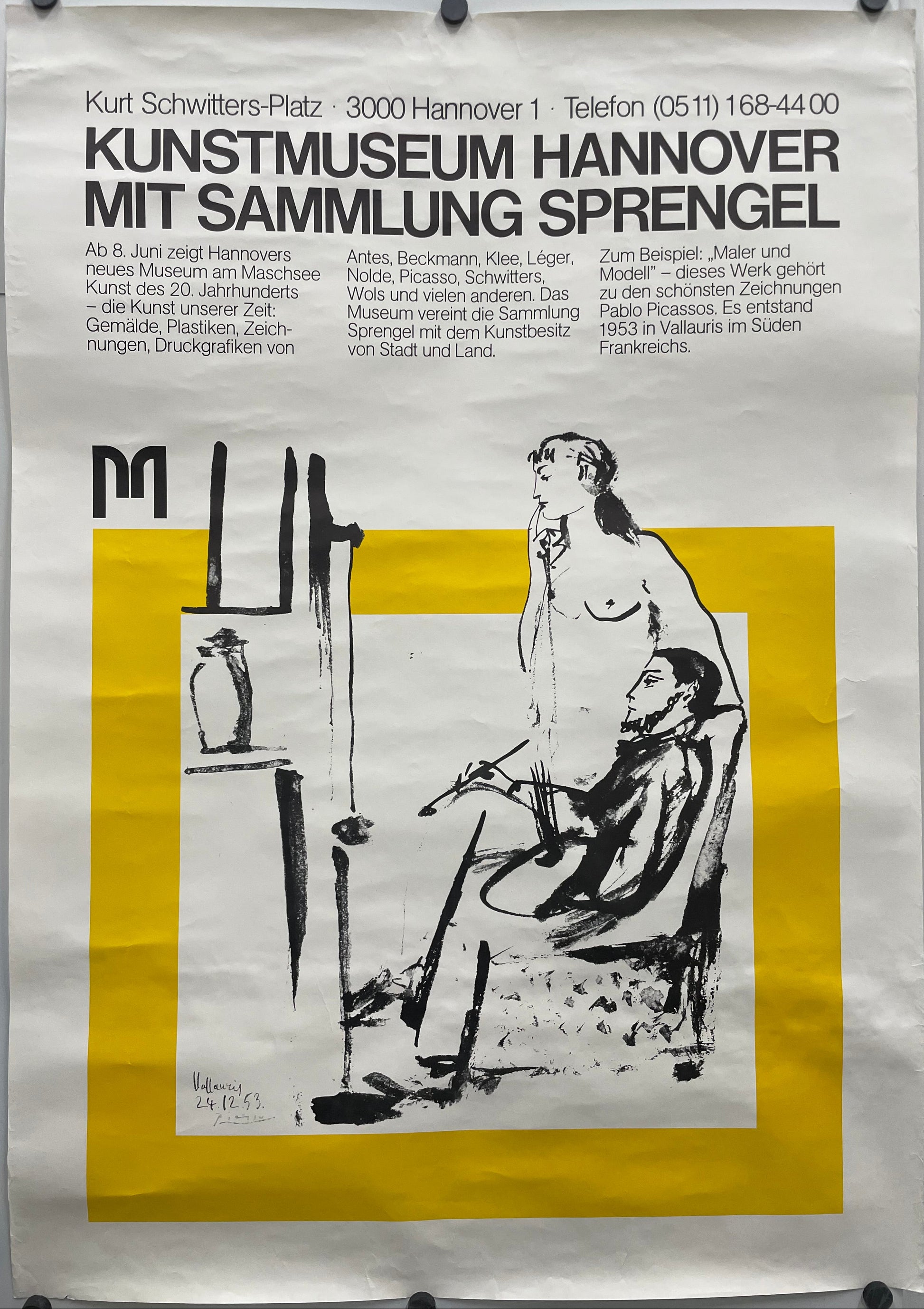 Kunstmuseum Hannover Mit Sammlung Sprengel - Pablo Picasso
rare and vintage exhibition poster. Black and white illustration and text on a yellow sqaure.