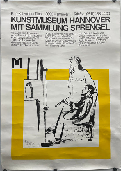 Kunstmuseum Hannover Mit Sammlung Sprengel - Pablo Picasso
rare and vintage exhibition poster. Black and white illustration and text on a yellow sqaure.