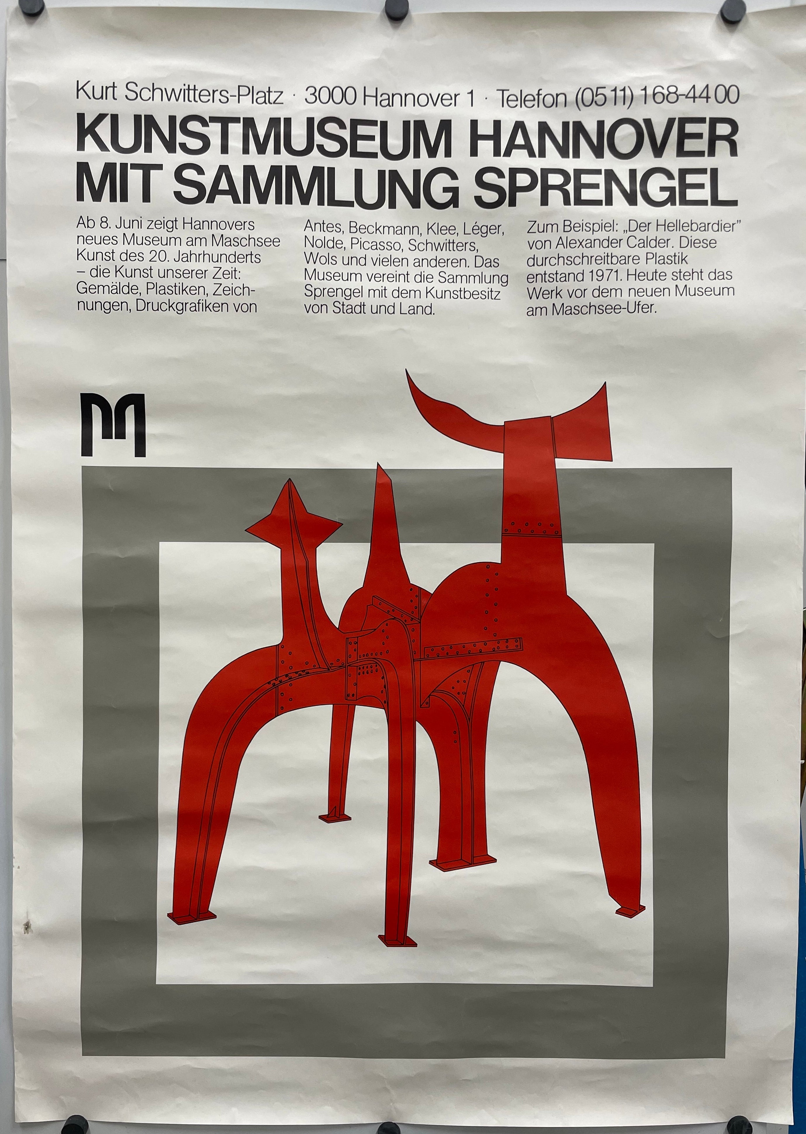 Kunstmuseum Hannover Mit Sammlung Sprengel - Alexander Calder
rare and vintage exhibition poster. Red abstract structure sticking out from a grey square. 