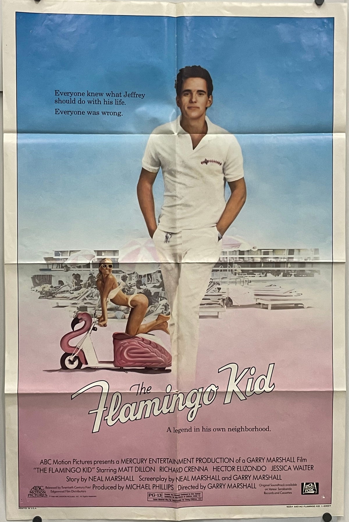 Vintage movie poster for 'The Flamingo Kid', US one-sheet film poster with a young boy and flamingo on a beach.