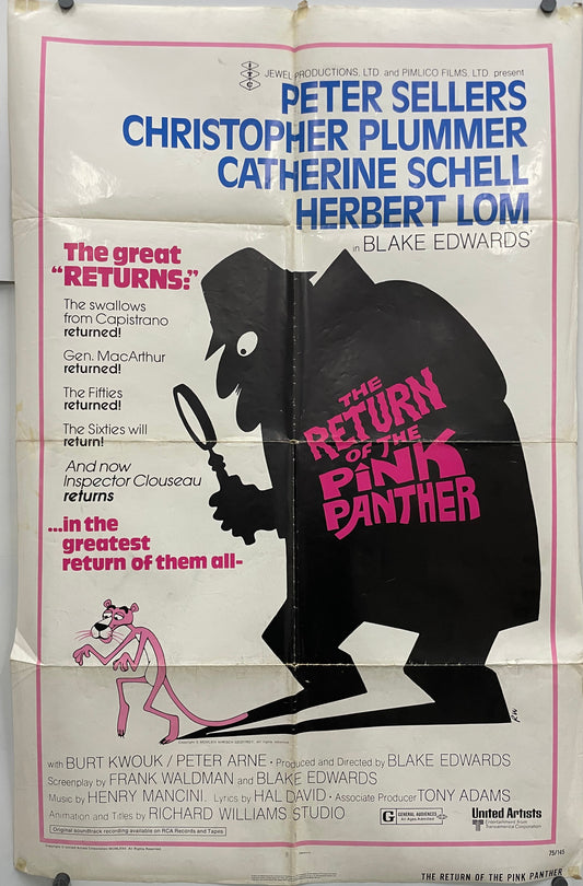 The Return of the Pink Panther
vintage US one-sheet film poster, showing stylized illustration of a detective in silhouette holding a magnifying glass, and a pink panther tip toeing along.