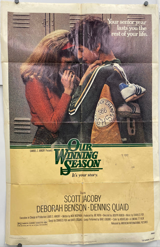 Movie poster for 'Our Winding Season' with two students embracing, leaning against lockers.