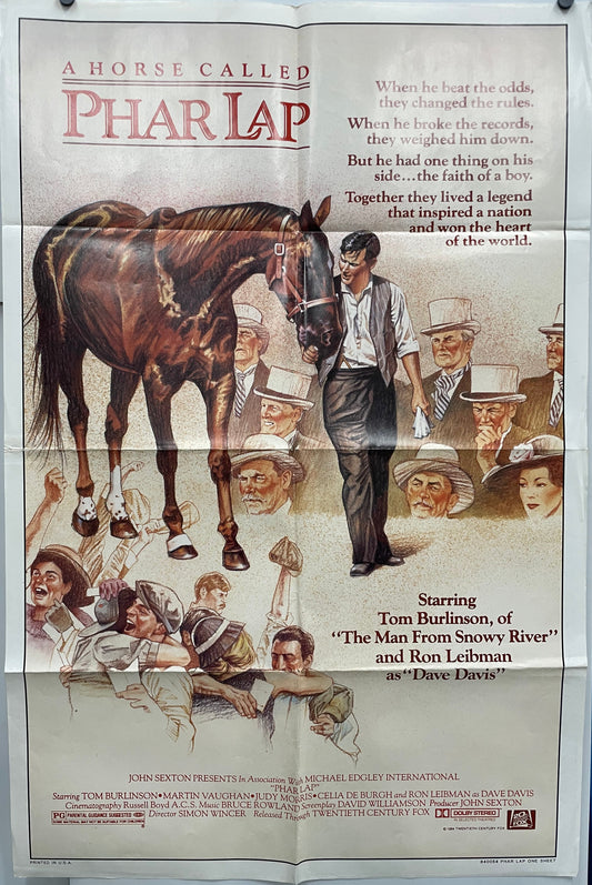 Movie poster for 'A Horse Called Phar Lap' featuring an illustration of a horse, his trainer, and people around it.