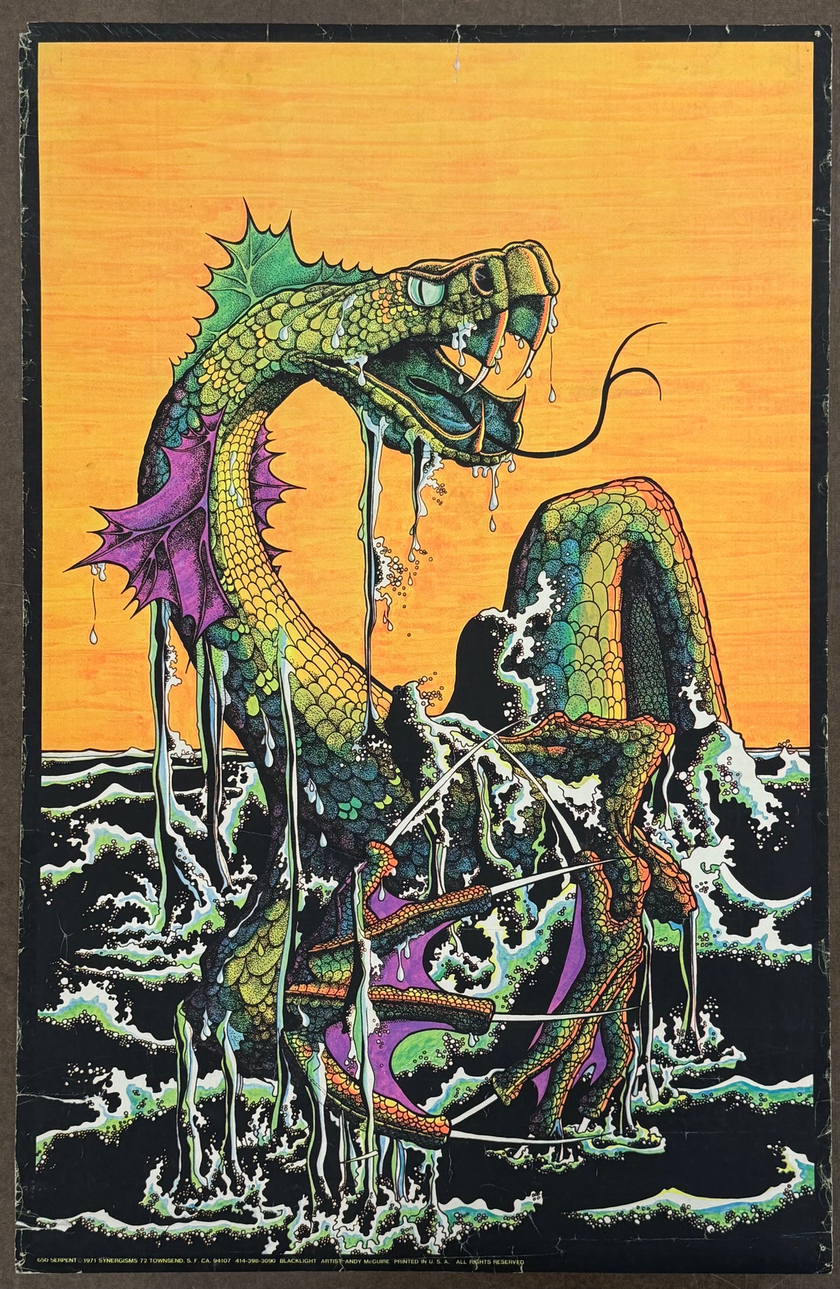 Vintage blacklight poster Serpent, giant sea serpent rising from the black water, 1971 
