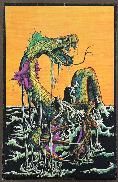 Vintage blacklight poster Serpent, giant sea serpent rising from the black water, 1971 