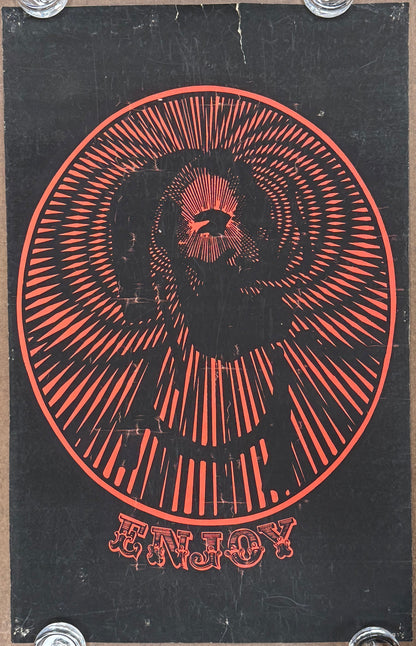 Black and red psychedelic graphic featuring The Zig-Zig man logo with the text ENJOY under the portrait. 