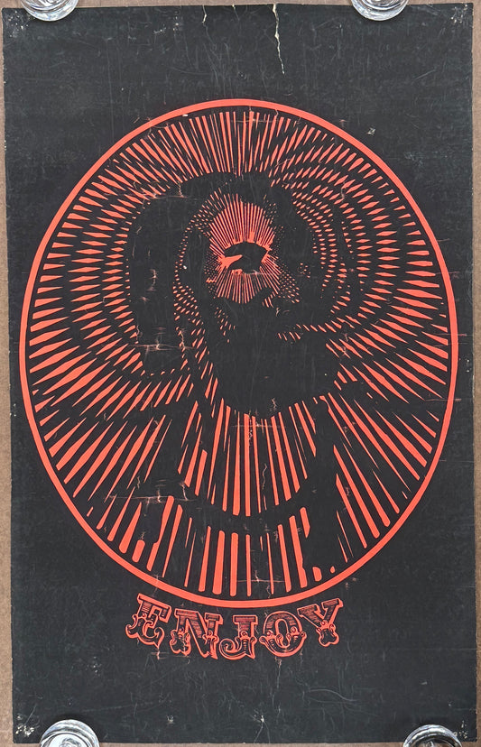 Black and red psychedelic graphic featuring The Zig-Zig man logo with the text ENJOY under the portrait. 