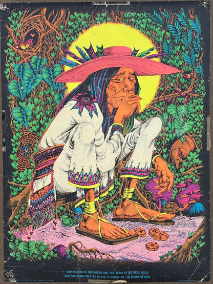 Colorful illustration of a Huichol Mescalero in traditional attire with a large hat, surrounded by nature elements, smoking.