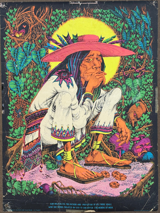 Colorful illustration of a Huichol Mescalero in traditional attire with a large hat, surrounded by nature elements, smoking.