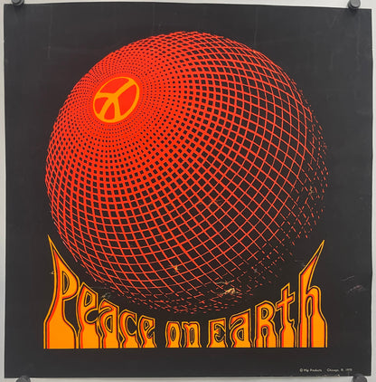 Rare and Vintage, Peace on Earth, screen printed black light poster, 1970 with orange sphere design and text on a black background.