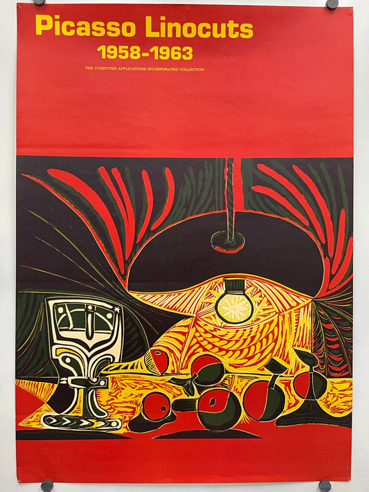 Picasso Linocuts: 1958-1963 THE COMPUTER APPLICATIONS INCORPORATED COLLECTION&nbsp;
rare and vintage lithographic exhibition poster featuring an abstract image of fruit and a drink under a lamp against a red and black background. 