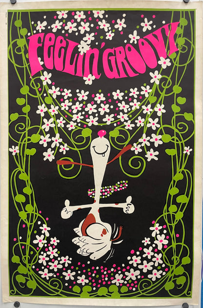 FEELIN' GROOVY ( title across the top) fun and lively vintage lithographic commercial poster. Image of a dancing Snoopy wearing a colorful beaded necklace, surrounded by flowers.