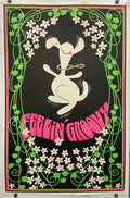 FEELIN' GROOVY ( title across the bottom) fun and lively vintage lithographic commercial poster. Image of a dancing Snoopy wearing a colorful beaded necklace, surrounded by flowers.