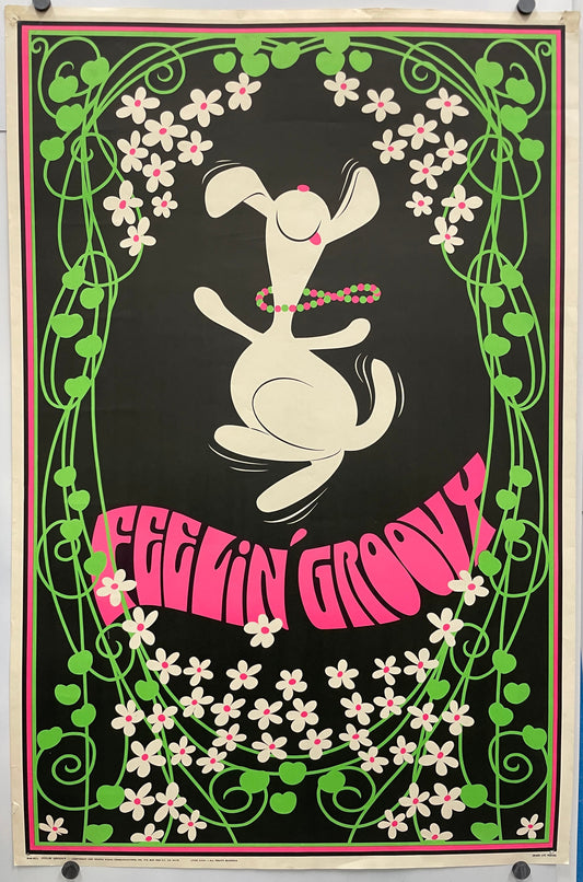 FEELIN' GROOVY ( title across the bottom) fun and lively vintage lithographic commercial poster. Image of a dancing Snoopy wearing a colorful beaded necklace, surrounded by flowers.