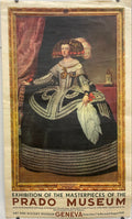 antique, Exhibition of the Masterpieces of the Prado Museum, exhibition poster, 1939 featuring a framed portrait of Queen Mariana of Austria by Diego Velazquez wearing a beautiful hoop dress and decorative elements.
