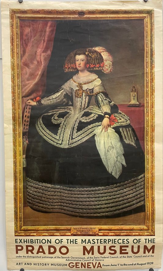 antique, Exhibition of the Masterpieces of the Prado Museum, exhibition poster, 1939 featuring a framed portrait of Queen Mariana of Austria by Diego Velazquez wearing a beautiful hoop dress and decorative elements.