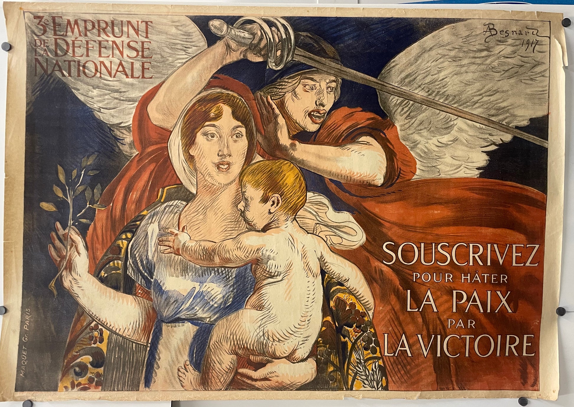 3e Emprunt de la Défense Nationale, antique lithographic French WW1 poster depicting a woman representing Marie of France holding an infant, both being protected by an angel wielding a sword.