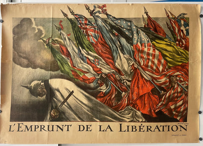 L’Emprunt de la Liberation
antique lithographic French WW1 poster, image of flags of all of the nations united and bearing down on the German Kaiser Wilhelm II, the common enemy at the time.
