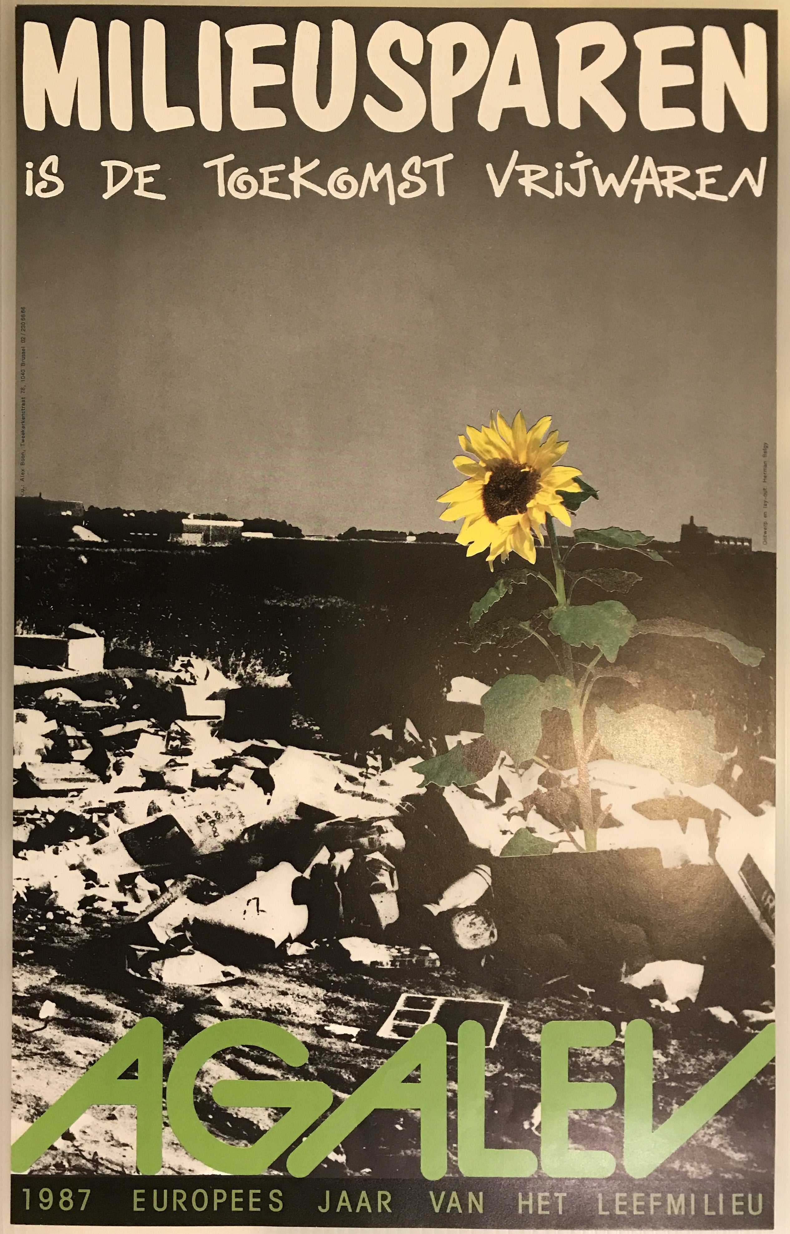 Milieusparen is de Toekomst Vrijwaren - Agalev, Belgian environmental poster, 1987 (sunflower) - HAPPIEST KID FINDS - Museum-quality antique and vintage posters, original art, preservation and restoration