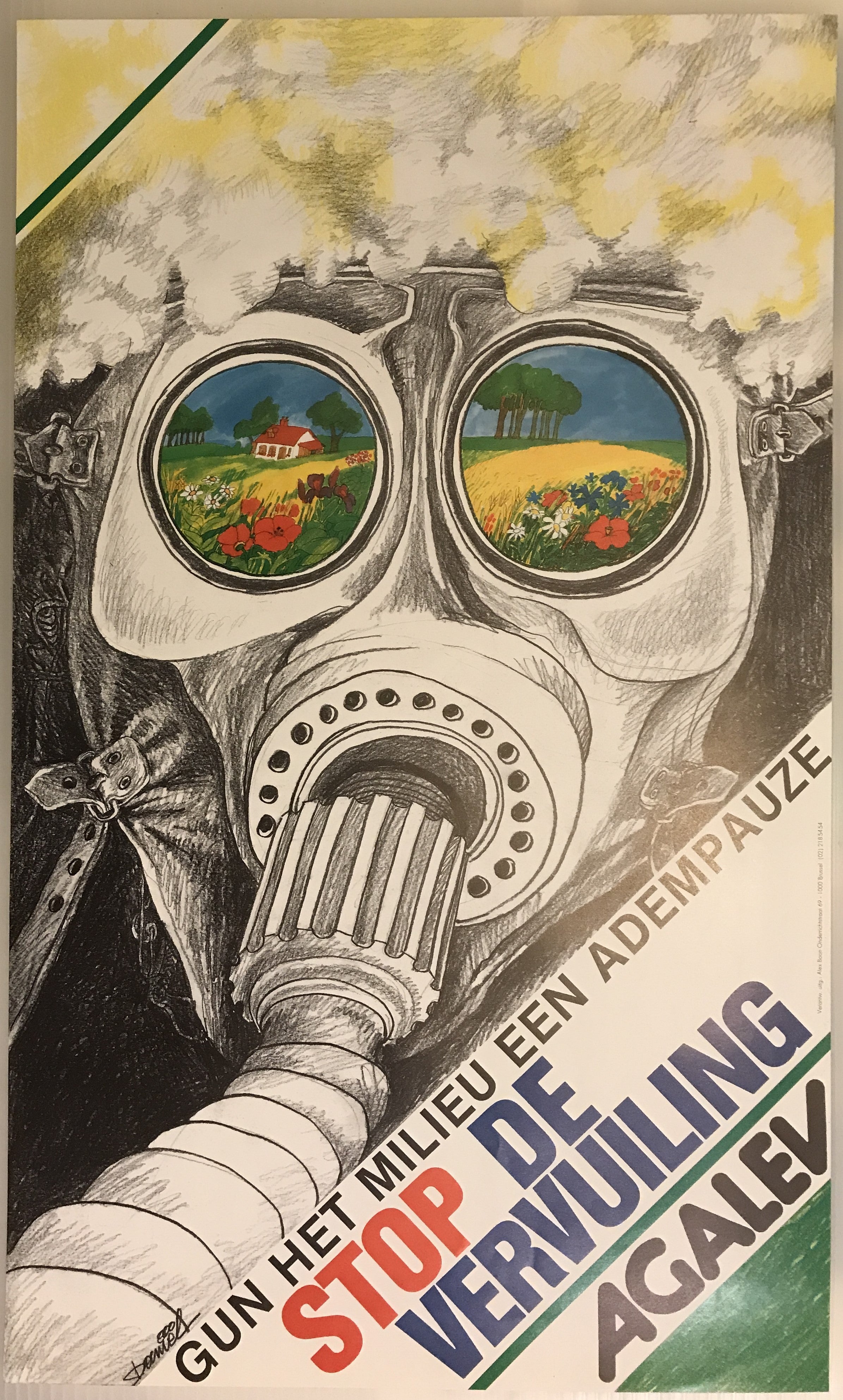 Stop de Vervuiling - Agalev, Belgian environmental poster, c.1987 (gas mask) - HAPPIEST KID FINDS - Museum-quality antique and vintage posters, original art, preservation and restoration