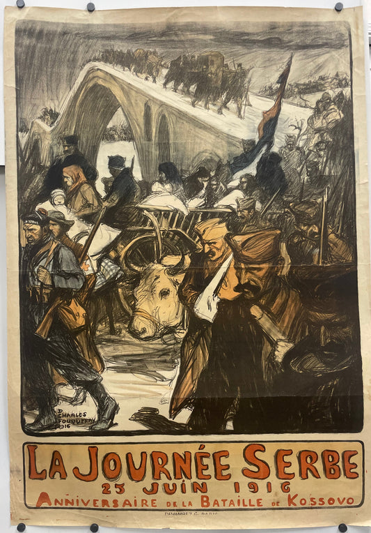 La Journee Serbe, antique lithographic French WW1 poster, an artistic depiction of a battle scene and text on an off-white background