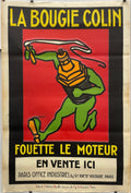 Vintage, La Bougie Colin - Fouette le Moteur, lithographic poster, c.1930 advertisement poster with a green figure holding a candle against a red background.